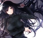  1girl alice_gear_aegis arm_under_breasts bangs black_eyes black_hair black_sweater breast_hold breasts closed_mouth commentary_request fingernails hair_between_eyes hand_on_own_stomach highres jewelry kagome_misaki large_breasts lips long_hair long_sleeves looking_at_viewer lying mole mole_under_eye on_back puru_(ex-150) ribbed_sweater ring shade sidelocks smile solo sweater turtleneck turtleneck_sweater very_long_hair 