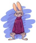  2019 abstract_background ambiguous_gender anthro barefoot clothed clothing disney eyewear fuel_(artist) glasses hands_on_knees knee_tuft lagomorph leg_tuft leporid mammal purple_background purple_eyes rabbit simple_background solo standing sweater topwear tuft violet_hopps white_background zootopia 