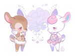  2018 animal_crossing anthro blush brown_body brown_fur cervid clothing diana_(animal_crossing) dress duo fauna_(animal_crossing) female flower fur hand_on_face jacket mammal mimillie nintendo pink_body pink_fur plant simple_background smile topwear video_games white_background white_body white_fur 