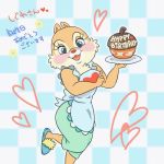  &lt;3 1:1 acorn anthro apron blue_eyes chipmunk clarice_(disney) clothed clothing disney dress english_text eyelashes fur green_clothing green_dress ground_squirrel japanese_text low_res mammal nut open_mouth open_smile plate red_nose rodent sciurid simple_background smile tan_body tan_fur text waiter 