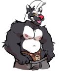  2019 :3 anthro bedroom_eyes black_body black_fur blep bottomwear claws clothed clothing fangs fur haps hi_res looking_at_viewer male mammal mephitid multicolored_body multicolored_fur musclegut muscular muscular_male narrowed_eyes naughty_face navel nipples pants pink_nipples red_nose seductive simple_background skunk smile smirk solo speedo swimwear tongue tongue_out topless two_tone_body two_tone_fur underwear undressing white_background white_body white_fur yellow_sclera 