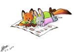  2016 ambiguous_gender anthro bottomwear canid canine clothing dipstick_ears dipstick_tail disney dot_eyes duo fox fur grey_body grey_fur judy_hopps lagomorph leporid lying mammal multicolored_ears multicolored_tail necktie newspaper nick_wilde on_front orange_body orange_fur pants rabbit red_fox shirt simple_background softlight289 t-shirt topwear white_background zootopia 