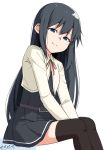  1girl asashio_(kantai_collection) belt black_hair black_legwear blue_eyes blush closed_mouth dress eyebrows_visible_through_hair hair_between_eyes kantai_collection long_hair long_sleeves looking_at_viewer moti_coi neck_ribbon pinafore_dress red_ribbon remodel_(kantai_collection) ribbon school_uniform shirt sitting smile solo thighhighs white_background white_shirt 