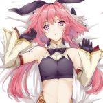 1boy astolfo_(fate) astolfo_(saber)_(fate) bangs bare_shoulders belt black_bow black_gloves black_neckwear black_ribbon black_shirt blush bow bowtie crop_top fate/grand_order fate_(series) gloves hair_between_eyes hair_bow hair_intakes hair_ribbon highres long_hair long_sleeves looking_to_the_side low_twintails lying midriff multicolored_hair navel on_back otoko_no_ko parted_lips pink_hair purple_eyes ribbon shirt shochiku solo streaked_hair twintails white_hair wide_sleeves wing_collar 