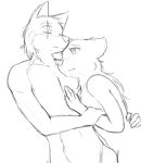  2014 anthro anthro_on_anthro black_and_white canid canine canis convenient_censorship cuddling duo ears_down eyes_closed female fingers fur hair iuana kurapika long_hair love male male/female mammal monochrome nude pivoted_ears raven_wolf romantic_couple scar short_hair simple_background sketch teddy_conner white_background wolf 