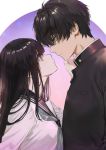  1boy 1girl :| artist_name bangs black_hair breasts chitanda_eru closed_mouth collar couple ears_visible_through_hair eye_contact eyes_visible_through_hair gakuran green_eyes hair_between_eyes hand_on_another&#039;s_cheek hand_on_another&#039;s_face hetero highres hyouka imminent_kiss jacket lips long_hair long_sleeves looking_at_another mery_(apfl0515) oreki_houtarou pocket purple_eyes school_uniform serafuku shirt simple_background star_(sky) uniform 