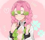 1girl blush braid breasts cleavage commentary_request eating gradient_hair green_hair japanese_clothes kanroji_mitsuri kimetsu_no_yaiba large_breasts long_hair mole mole_under_eye multicolored_hair open_clothes pink_hair smile solo younomiti 