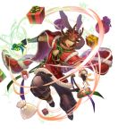  1boy alternate_costume animal_ears antler_ornament bandages bell boots bow bracelet candy candy_cane christmas christmas_ornaments dagger dark_skin deer_ears fingerless_gloves fire_emblem fire_emblem:_the_blazing_blade fire_emblem_heroes food full_body fur_trim gift gloves highres jaffar_(fire_emblem) jewelry open_mouth red_eyes red_hair rim sparkle teeth transparent_background weapon 