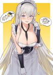  3girls apron azur_lane bangs bare_shoulders belfast_(azur_lane) belfast_(azur_lane)_(cosplay) black_neckwear blush breasts cleavage commentary_request cosplay duan_henglong enterprise_(azur_lane) frills highres hornet_(azur_lane) large_breasts long_sleeves looking_at_viewer maid maid_apron maid_dress maid_headdress mimikaki multiple_girls open_mouth silver_hair yorktown_(azur_lane) 