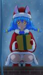  1girl :o animal_ears blue_cat blue_hair box braid cat_ears cat_tail christmas gift gift_box gloves haruyama_kazunori hat holding holding_box holding_gift orange_eyes panties pantyshot pantyshot_(squatting) precure red_gloves red_headwear santa_costume santa_hat short_hair solo squatting star_twinkle_precure tail twin_braids underwear white_panties yuni_(precure) 