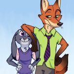  anthro black_nose blue_background bottomwear canid canine chest_tuft clothed clothing disney duo ears_down fox front_view fully_clothed fur gradient_background green_eyes grey_body grey_fur hands_on_hips judy_hopps lagomorph leporid looking_at_another mammal necktie nick_wilde orange_body orange_fur pants pink_nose pivoted_ears purple_eyes rabbit rainie-painie red_fox shirt simple_background smile t-shirt topwear tuft zootopia 