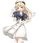  1girl absurdres blonde_hair blue_eyes blue_sailor_collar blush buttons dress eyebrows_visible_through_hair gloves hat highres jervis_(kantai_collection) kantai_collection long_hair looking_at_viewer matutoki_nara05 open_mouth sailor_collar sailor_dress sailor_hat short_sleeves simple_background smile solo white_background white_dress white_gloves white_headwear 