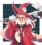  1girl absurdres artist_name axe breasts chief_(skiwa) cleavage fangs hair_between_eyes hat heterochromia highres large_breasts long_hair low-tied_long_hair luminous_arc open_mouth pink_hair purple_eyes red_eyes smile solo vanessa_(luminous_arc) very_long_hair weapon witch witch_hat 