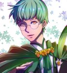  cape feathers fire_emblem fire_emblem:_three_houses flower fur_trim glasses green_hair ignatz_victor orange_eyes petals roman_s solo white_background 