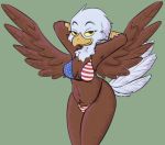  accipitrid accipitriform anthro avian bedroom_eyes bikini bird brown_body brown_feathers clothing eagle feathers female green_background hands_behind_head healthcare_eagle looking_at_viewer narrowed_eyes neck_tuft scales seductive simple_background smile smug solo swimwear thong tuft underwear us_flag visiti white_body white_feathers wings yellow_eyes 