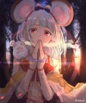  1girl =_= absurdres animal animal_ears bangs black_bow blush bow breath cheese closed_eyes commentary_request eating english_commentary eyebrows_visible_through_hair food granblue_fantasy grey_hair hair_bow hair_ornament hairclip hands_together hands_up highres long_sleeves looking_at_viewer mouse mouse_ears outdoors own_hands_together petchduck1 red_bow red_eyes shirt sleeves_past_wrists solo sunset tree twitter_username vikala_(granblue_fantasy) white_shirt 
