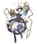  1girl alice_(sinoalice) bare_shoulders belt blue_dress book chain christmas dark_blue_hair dress expressionless eyebrows_visible_through_hair frills full_body fur_trim hat high_heels ji_no official_art platform_footwear santa_hat short_hair sinoalice solo tattoo transparent_background yellow_eyes 