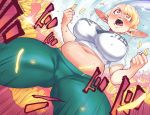  1girl absurdres blonde_hair blue_sky breasts clenched_hands elf elf-san_wa_yaserarenai. emphasis_lines erufuda-san food french_fries gofa highres navel open_mouth pants plump pointy_ears sky solo spread_legs stomach tears teeth thick_thighs thighs yoga_pants 