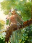  1girl blue_hair branch breasts center_opening closed_mouth covered_nipples dress elf english_commentary flower forest hair_between_eyes hair_flower hair_ornament highres large_breasts leaf long_hair nature noccu orange_eyes original pink_lips pointy_ears revealing_clothes sideboob sitting tree underboob very_long_hair white_dress 