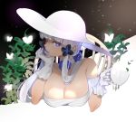  1girl azur_lane blue_eyes breasts bug butterfly chair chin_rest cleavage cup dress flower gloves hair_flower hair_ornament hat illustrious_(azur_lane) insect large_breasts lips looking_at_viewer mole mole_under_eye off-shoulder_dress off_shoulder one_eye_closed plant short_hair_with_long_locks sidelocks silver_hair sitting sleeveless sleeveless_dress smile solo sparkling_eyes sun_hat teacup upper_body uyuyuun white_dress white_gloves white_headwear 