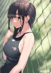  1girl aqua_eyes bangs black_hair blush breasts clenched_hand competition_swimsuit eyebrows_visible_through_hair fence jonsun leaning_on_object long_hair mole mole_under_eye one-piece_swimsuit original outdoors solo swimsuit wet 