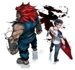  2boys back-to-back black_hair clenched_hands commentary_request dark_skin denim dougi fuse_ryuuta glowing glowing_eyes gouki heaven_(kanji) height_difference jeans jersey long_hair male_focus manly multiple_boys muscle pants pose real_life red_eyes red_hair rope sandals shun_goku_satsu sleeveless sportswear street_fighter street_fighter_v tokido topknot wristband 