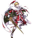  1boy alternate_costume bag bell belt blonde_hair boots bow cape christmas christmas_ornaments fire_emblem fire_emblem:_the_blazing_blade fire_emblem_heroes fox fujisaka_kimihiko full_body fur_trim gloves hat highres injury leaf official_art santa_costume santa_hat solo stuffed_fox sword teeth torn_clothes transparent_background weapon yellow_eyes younger zephiel_(fire_emblem) 