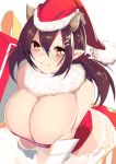  1girl absurdres alternate_costume azur_lane bangs bare_shoulders breasts brown_eyes brown_hair christmas cleavage closed_mouth commentary_request fur_collar gen_(black_factory) hair_between_eyes hat highres horns huge_breasts looking_at_viewer low_twintails medium_hair nagara_(azur_lane) pointy_ears santa_hat short_twintails sidelocks smile solo twintails 