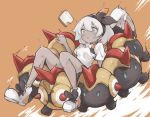  1girl absurdres bite_mark carrying dark_skin falinks food gen_8_pokemon grey_eyes grey_hair hairband highres kintsuba pokemon pokemon_(game) pokemon_swsh saitou_(pokemon) shirt toast white_shirt 