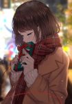  1girl bangs blue_eyes blue_nails blurry blurry_background blush brown_coat brown_hair coat commentary_request covering_mouth crying crying_with_eyes_open gift highres holding holding_gift original red_ribbon red_scarf ribbon saitou_(lynx-shrike) scarf short_hair sweater tears white_sweater 