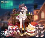  3girls abukuma_(azur_lane) azur_lane bespectacled black_hair breasts commentary_request fireplace gift glasses horns isuzu_(azur_lane) manjuu_(azur_lane) minigirl multiple_girls nagara_(azur_lane) official_art ootsuki_momiji oversized_clothes red_eyes santa_costume side_ponytail small_breasts smile sweater 