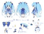  1other :3 ahoge bloomers blue_bow blue_dress blue_eyes blue_gloves blue_hair blush bow bowtie bunny cape character_sheet chibi chinese_text commentary constellation_print dress fingerless_gloves frilled_dress frilled_legwear frills gloves hair_bow hair_ornament hairclip hatsune_miku highres long_hair multiple_views nishina_hima official_art rabbit_yukine star star_hair_ornament star_ornament star_print star_trail striped striped_bow thigh_strap translated treble_clef twintails underwear very_long_hair vocaloid wand wide_sleeves yuki_miku yuki_miku_(2017) 
