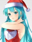  1girl aqua_eyes aqua_hair closed_mouth eirika_(fire_emblem) fire_emblem fire_emblem:_the_sacred_stones fire_emblem_heroes fur_trim grey_background hat jurge long_hair pom_pom_(clothes) red_headwear santa_hat simple_background sleeveless solo upper_body 