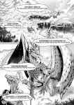  ambiguous_gender black_and_white blacksaw capcom chinese_text comic dragon elder_dragon forest frozen_(movie) monochrome monster_hunter parody partially_translated text translation_request tree velkhana video_games wings 
