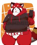  2019 96panda 96panda_hk absurd_res ailurid anthro clothing fur hi_res hoodie humanoid_hands mammal one_eye_closed overweight phone red_body red_fur red_panda solo tongue tongue_out topwear wink 
