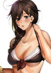 1girl amakaze bikini blue_eyes blush braid breasts brown_hair cleavage collarbone eyebrows_visible_through_hair hair_flaps hair_ornament hair_over_shoulder highres kantai_collection lips long_hair medium_breasts open_mouth remodel_(kantai_collection) sailor_bikini sailor_collar shigure_(kantai_collection) simple_background single_braid solo swimsuit upper_body wet white_background 