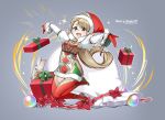  1girl alternate_costume blonde_hair box copyright_name dress feh_(fire_emblem_heroes) fire_emblem fire_emblem_heroes fur_trim gift gift_box gloves green_eyes grey_background hat kishiro_az long_hair long_sleeves merry_christmas open_mouth orb pom_pom_(clothes) red_gloves red_headwear sack santa_hat sharena simple_background solo 