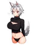  1girl alternate_costume animal_ear_fluff animal_ears bangs black_panties black_shirt breasts cleavage cleavage_cutout commentary_request cowboy_shot crop_top cropped_legs eyebrows_visible_through_hair inubashiri_momiji kasuka_(kusuki) large_breasts long_sleeves looking_at_viewer midriff navel no_pants panties red_eyes shirt short_hair silver_hair simple_background solo standing stomach tail touhou turtleneck underwear white_background wolf_ears wolf_tail 