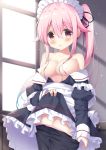  1girl alternate_costume apron black_legwear blush breasts censored dress eyebrows_visible_through_hair hair_between_eyes hair_ornament harusame_(kantai_collection) heart heart_censor highres kantai_collection long_hair long_sleeves looking_at_viewer maid maid_headdress no_bra open_mouth pantyhose pink_eyes pink_hair satsuki_yukimi side_ponytail window 