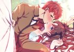  1boy 1girl a_sanagi_a black_hair blue_eyes curtains emiya_shirou fate/stay_night fate_(series) highres homurahara_academy_uniform kiss red_hair school_uniform toosaka_rin twintails yellow_eyes 