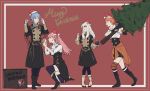  4girls anna_(fire_emblem) belt black_gloves blue_hair boots box braid brown_eyes christmas_lights closed_mouth crown_braid eating fire_emblem fire_emblem:_three_houses fork from_side fur_trim garreg_mach_monastery_uniform gloves hat highres hilda_valentine_goneril holding holding_fork holding_plate leonie_pinelli long_hair long_sleeves lysithea_von_ordelia marianne_von_edmund merry_christmas multiple_girls one_knee open_mouth orange_eyes orange_hair pink_eyes pink_hair plate pom_pom_(clothes) red_headwear sakuuremi santa_hat short_hair simple_background thighhighs tree twintails uniform white_hair 