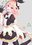  1boy absurdres astolfo_(saber)_(fate) bangs black_bow black_gloves black_ribbon blush bow bowtie commentary_request fate/grand_order fate_(series) gloves grey_background hair_bow hair_intakes hair_ribbon highres ka03 long_hair long_sleeves looking_at_viewer multicolored_hair otoko_no_ko pink_hair purple_eyes ribbon simple_background smile solo streaked_hair twintails white_hair 