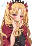  1girl asymmetrical_sleeves bangs blonde_hair blush bow breasts cape ereshkigal_(fate/grand_order) fate/grand_order fate_(series) flying_sweatdrops hair_bow highres hizuki_higure holding holding_hair long_hair looking_at_viewer parted_bangs red_bow red_cape red_eyes simple_background skull solo spine tiara two_side_up white_background 