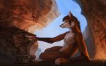  2014 black_body black_fur black_hair blue_eyes canid canine cave cave_paintings detailed_background digital_media_(artwork) fox fur gloves(pattern) hair lying male mammal nude outside red_body red_fox red_fur sky solo white_body white_fur wolfsecho 