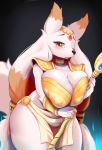  2019 amber_eyes anthro armor big_breasts black_nose blush breasts canid canine cecily_lin clothed clothing female fur hair hi_res holding_object jewelry long_hair looking_at_viewer mammal multicolored_body multicolored_ears multicolored_fur multicolored_hair one_eye_closed open_mouth orange_body orange_fur pauldron portrait solo standing three-quarter_portrait two_tone_body two_tone_ears two_tone_fur two_tone_hair white_body white_fur 