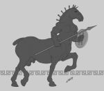  2019 abs animal_genitalia balls equid equid_taur equine equine_taur fully_sheathed greyscale hooves horse horse_taur laser_(artist) male mammal mammal_taur melee_weapon monochrome muscular muscular_male nude polearm sheath shield sketch solo spear taur weapon 