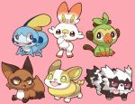  2027_(submarine2027) :o black_eyes blue_eyes blush_stickers buck_teeth chestnut_mouth chibi commentary_request fangs full_body galarian_form galarian_zigzagoon gen_3_pokemon gen_8_pokemon grookey looking_at_another nickit no_humans open_mouth pink_background pokemon pokemon_(creature) red_sclera scorbunny sitting sobble tongue tongue_out yamper yellow_eyes 
