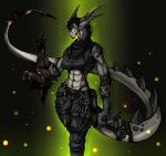  abs anthro baggy belt blades blood bodily_fluids breasts clothed clothing decapitation female gore hair hi_res holding_object knife looking_at_viewer melee_weapon muscular open_mouth ponytail saltyserpent scalie severed_head spikes standing warrior weapon zird 