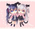  2girls :3 :d animal_band_legwear animal_ear_fluff animal_ears bangs black_footwear black_jacket black_legwear blazer blue_eyes blue_hair blue_jacket blue_legwear blush blush_stickers cardigan cat_band_legwear cat_ears cat_girl cat_hair_ornament cat_tail chibi commentary_request drawstring dress_shirt eyebrows_visible_through_hair fang fringe_trim grey_cardigan grey_skirt hair_between_eyes hair_ornament hair_ribbon heart heart_hair_ornament highres jacket kneehighs loafers long_hair long_sleeves multiple_girls ooji_cha open_blazer open_clothes open_jacket open_mouth original oziko_(ooji_cha) pink_background pink_ribbon pink_scarf pleated_skirt polka_dot polka_dot_background purple_eyes red_ribbon ribbon scarf shared_scarf shirt shoes silver_hair skirt smile spoken_heart tail thighhighs twintails two_side_up very_long_hair white_shirt 