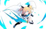  aqua_eyes blonde_hair bow cape elbow_gloves gloves petals shiliuye_feiyu short_hair sword tagme_(character) thighhighs twintails weapon world_flipper 